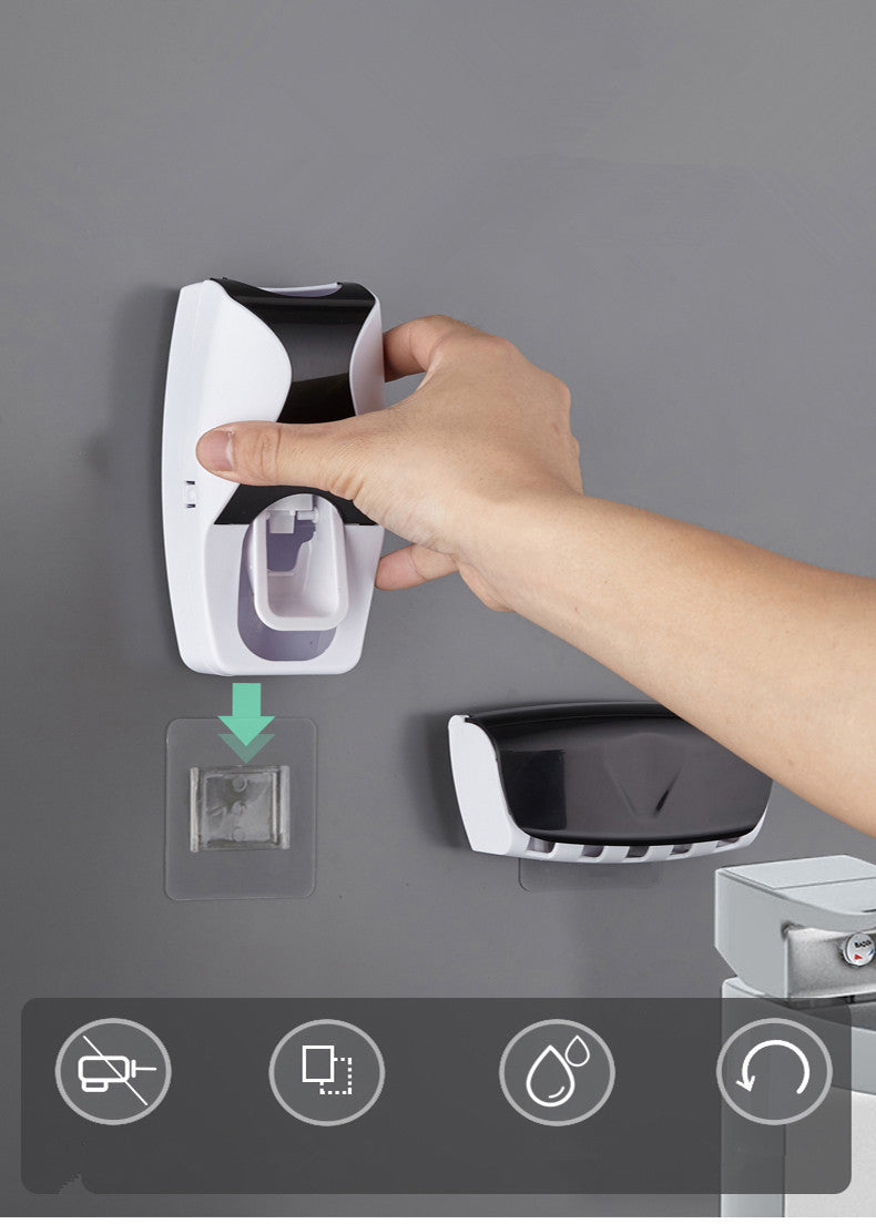 2PCS Automatic Toothpaste Dispenser& Wall Mount Dust-proof Toothbrush Holder