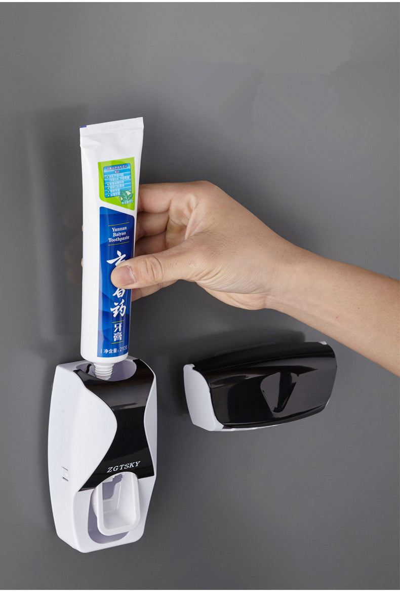 2PCS Automatic Toothpaste Dispenser& Wall Mount Dust-proof Toothbrush Holder