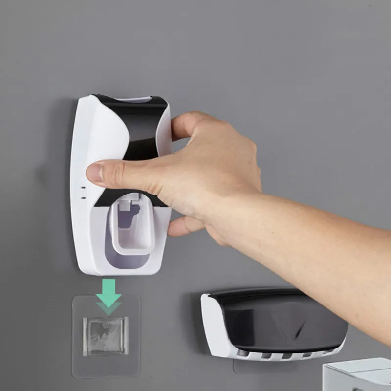 2PCS Automatic Toothpaste Dispenser& Wall Mount Dust-proof Toothbrush Holder