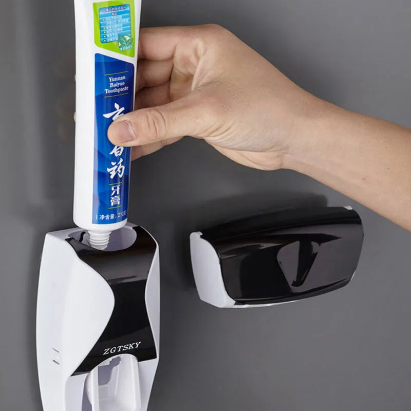 2PCS Automatic Toothpaste Dispenser& Wall Mount Dust-proof Toothbrush Holder