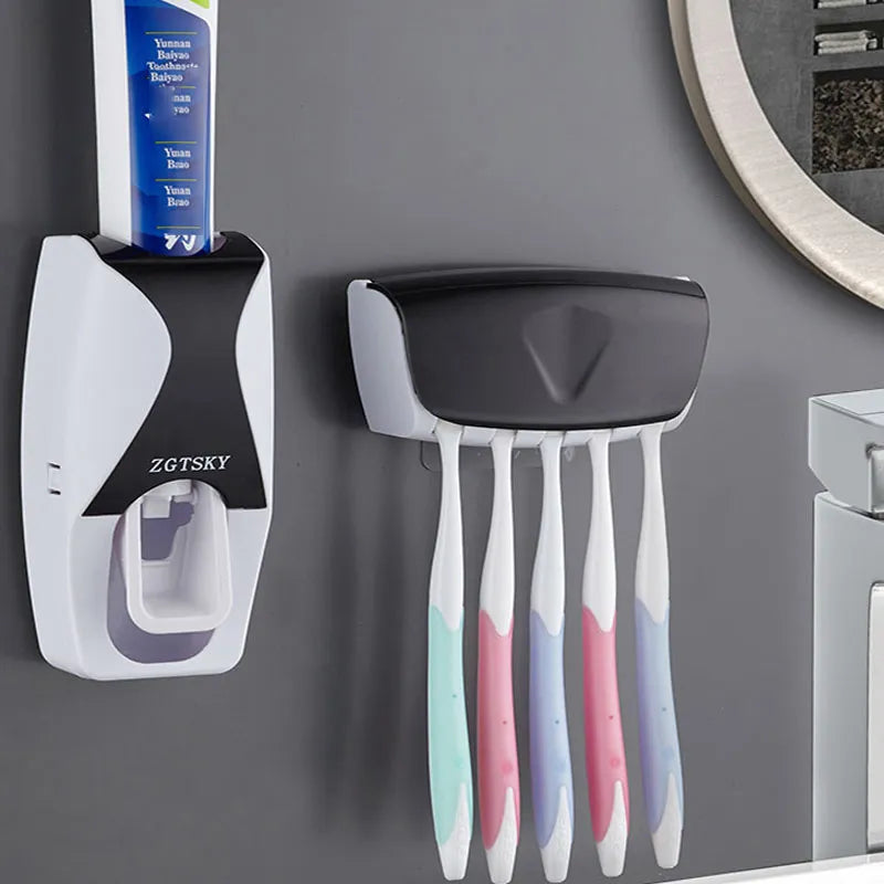 2PCS Automatic Toothpaste Dispenser& Wall Mount Dust-proof Toothbrush Holder