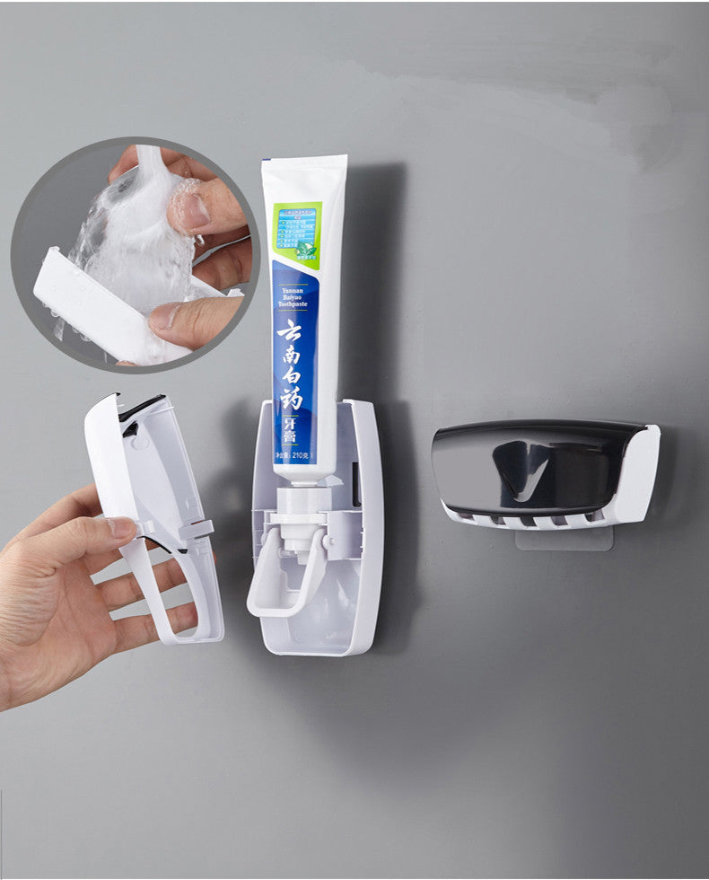 2PCS Automatic Toothpaste Dispenser＆ Wall Mount Dust-proof Toothbrush Holder