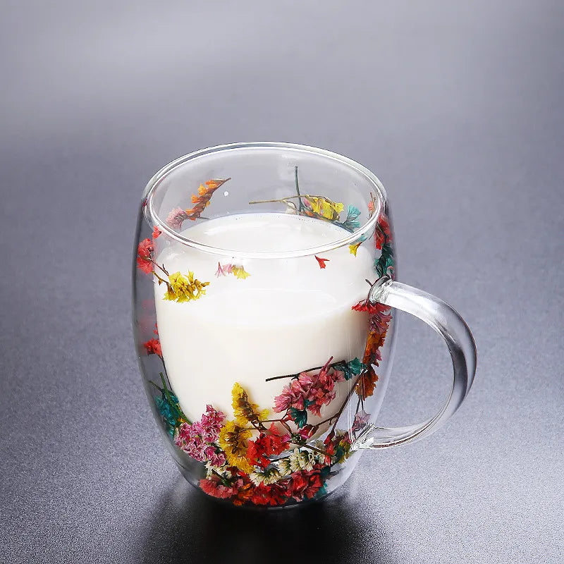 Creative Double Wall Glass Cup /Real Flower Conch Flash Filler Glass Cup