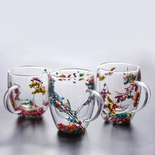 Creative Double Wall Glass Cup /Real Flower Conch Flash Filler Glass Cup