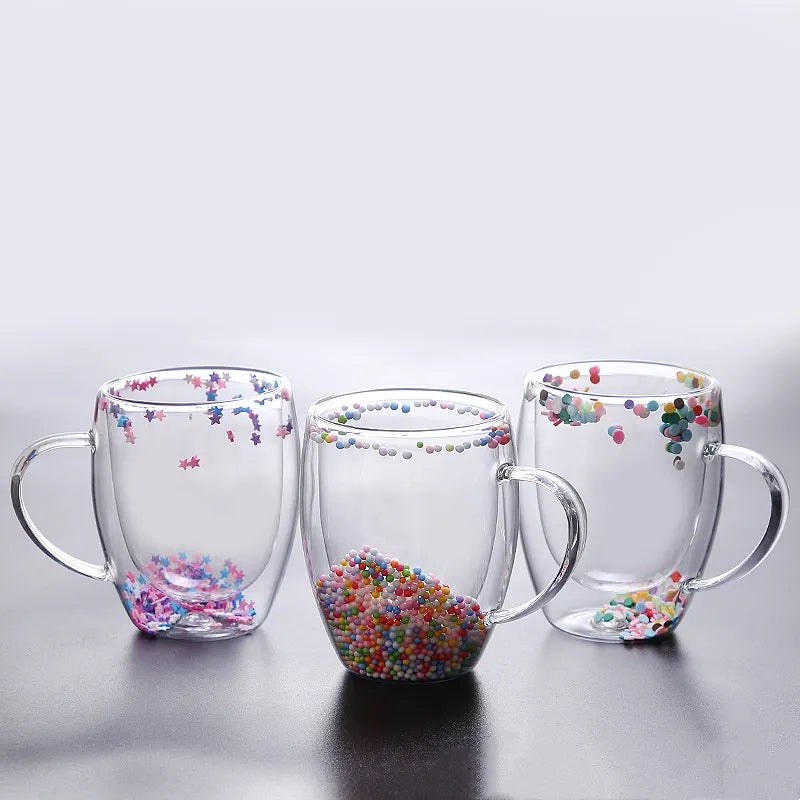 Creative Double Wall Glass Cup /Real Flower Conch Flash Filler Glass Cup