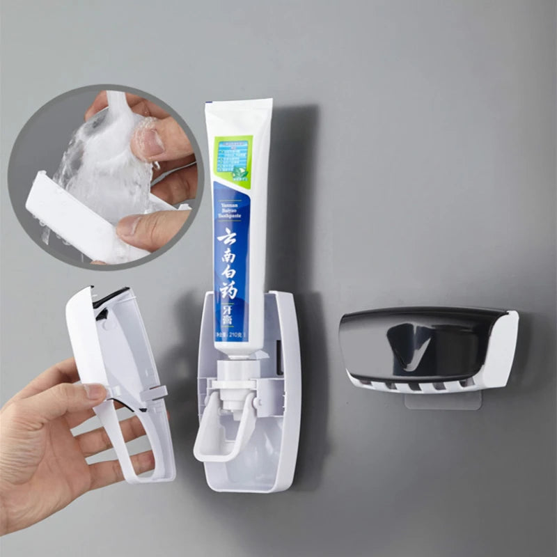 2PCS Automatic Toothpaste Dispenser＆ Wall Mount Dust-proof Toothbrush Holder