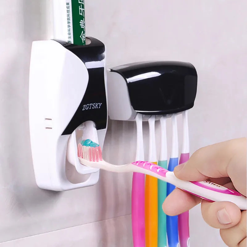 2PCS Automatic Toothpaste Dispenser＆ Wall Mount Dust-proof Toothbrush Holder